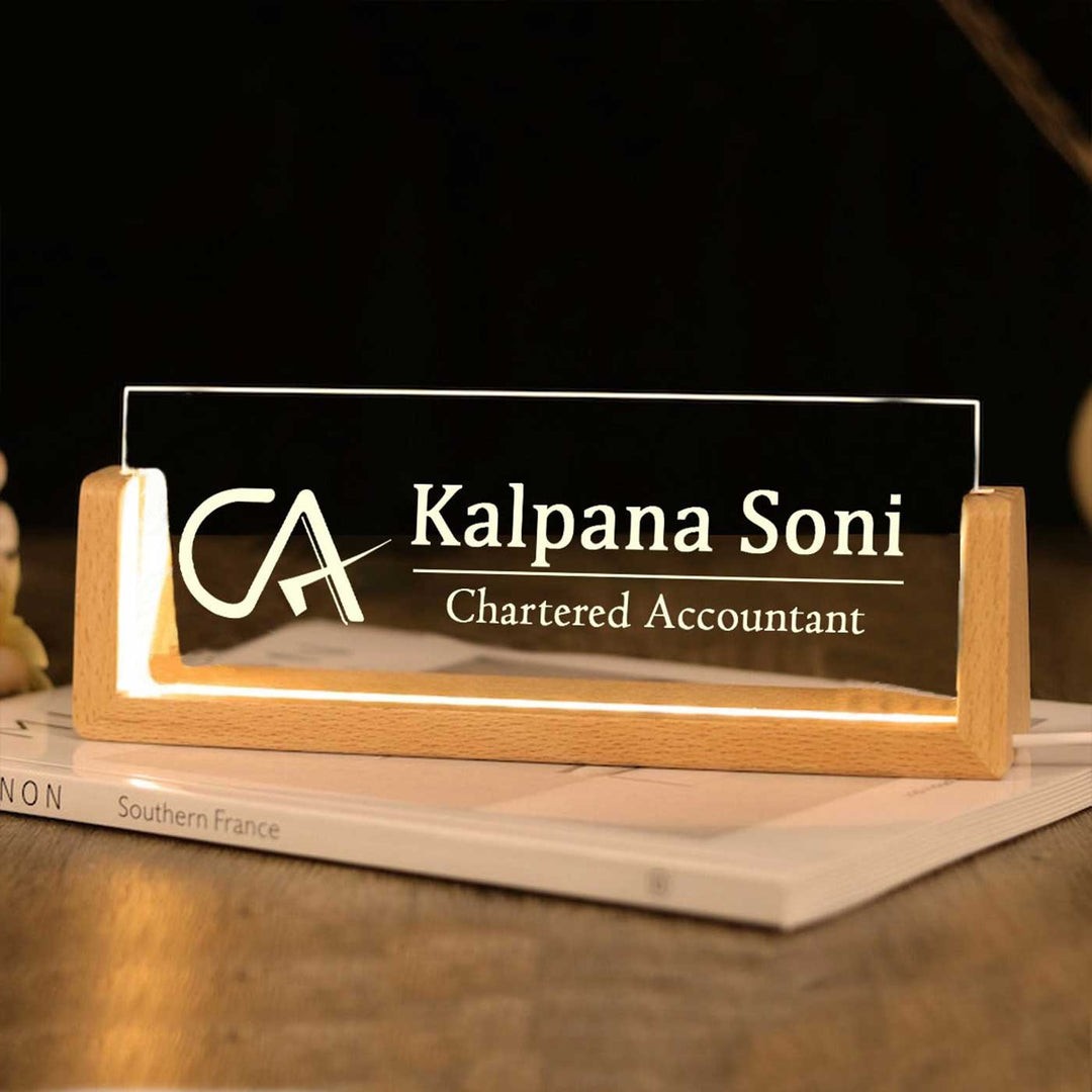 Personalized Sleek Glass Desk Nameplate With LED Light thumbnail 1
