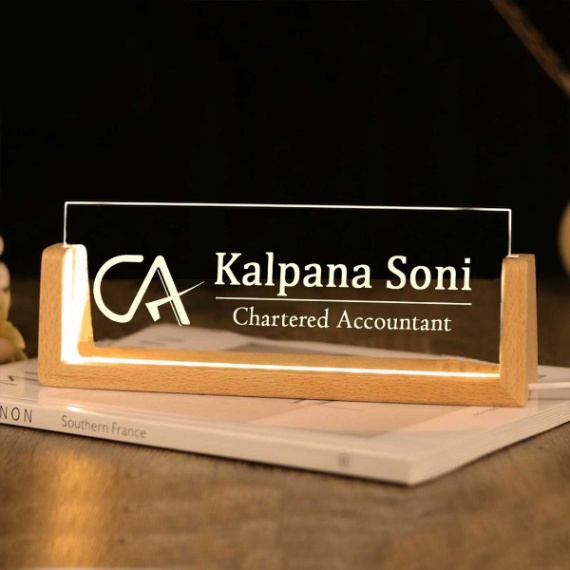 Personalized Sleek Glass Desk Nameplate With LED Light