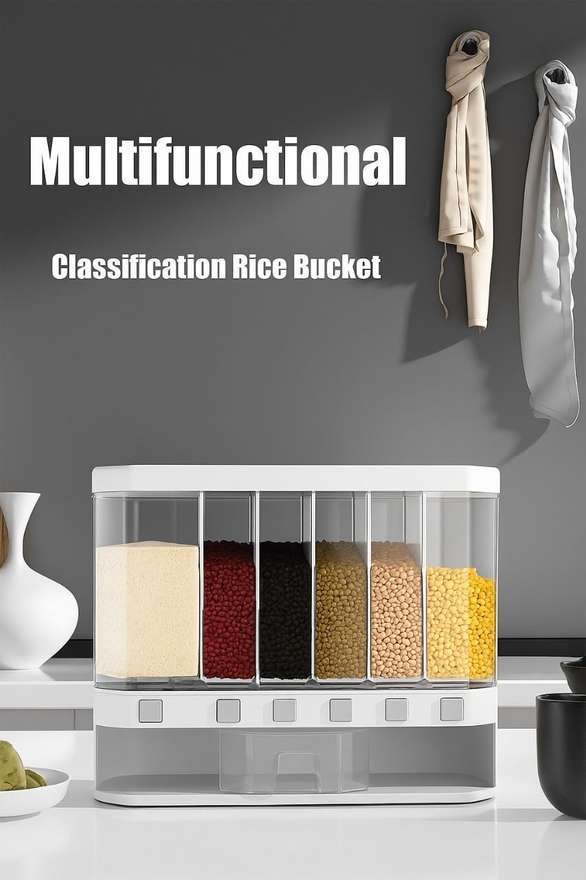 Wall Mounted Rice & Grain Dispenser – 6 Grid Food Storage Container Storage Box (Multicolor) thumbnail 1