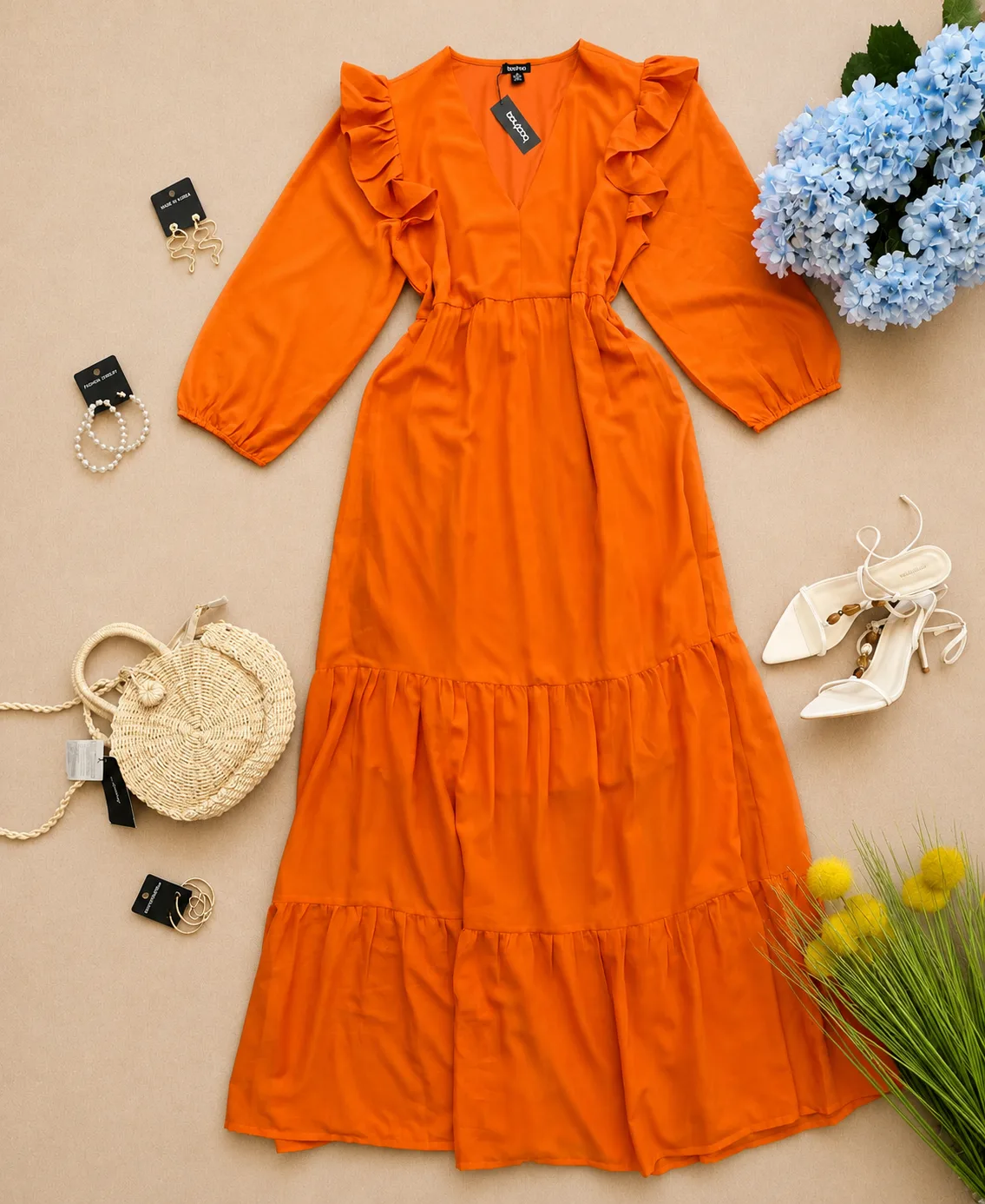 Robe Longue Orange à Volants