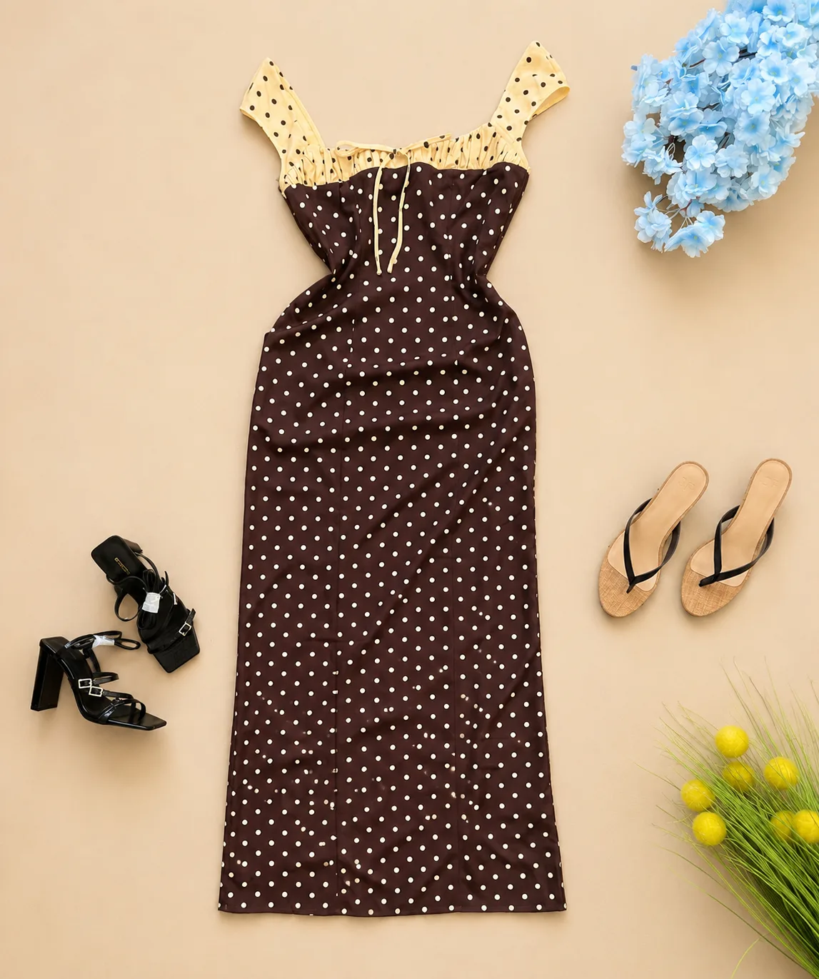 Robe Midi Marron à Pois Contrastés
