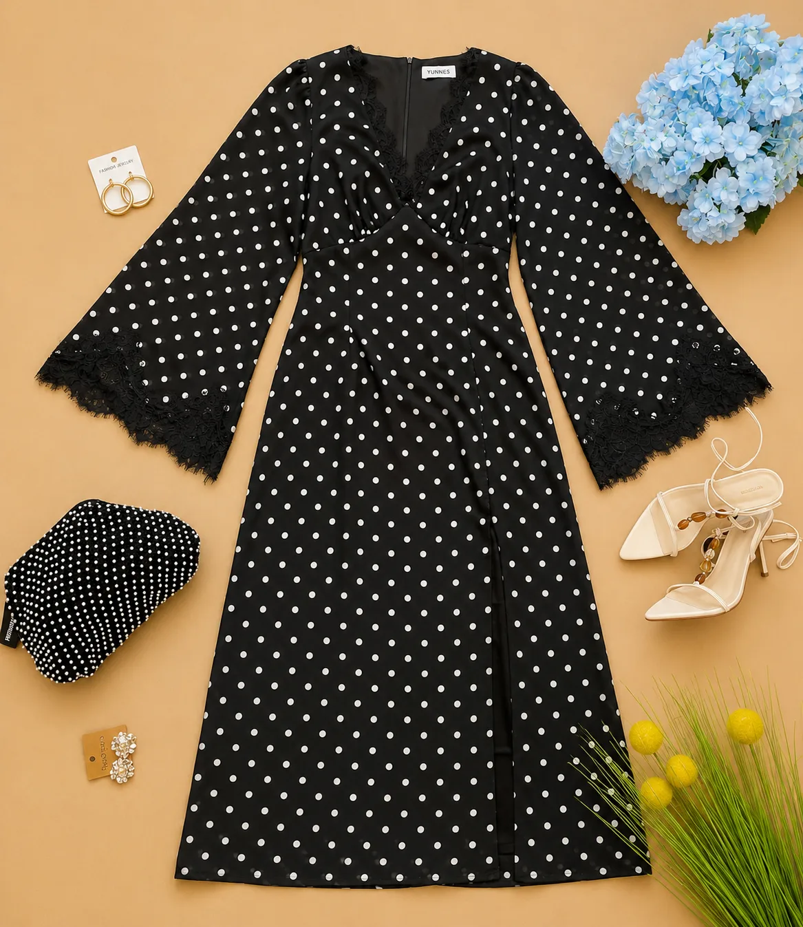 Robe Midi Noire à Pois Blancs