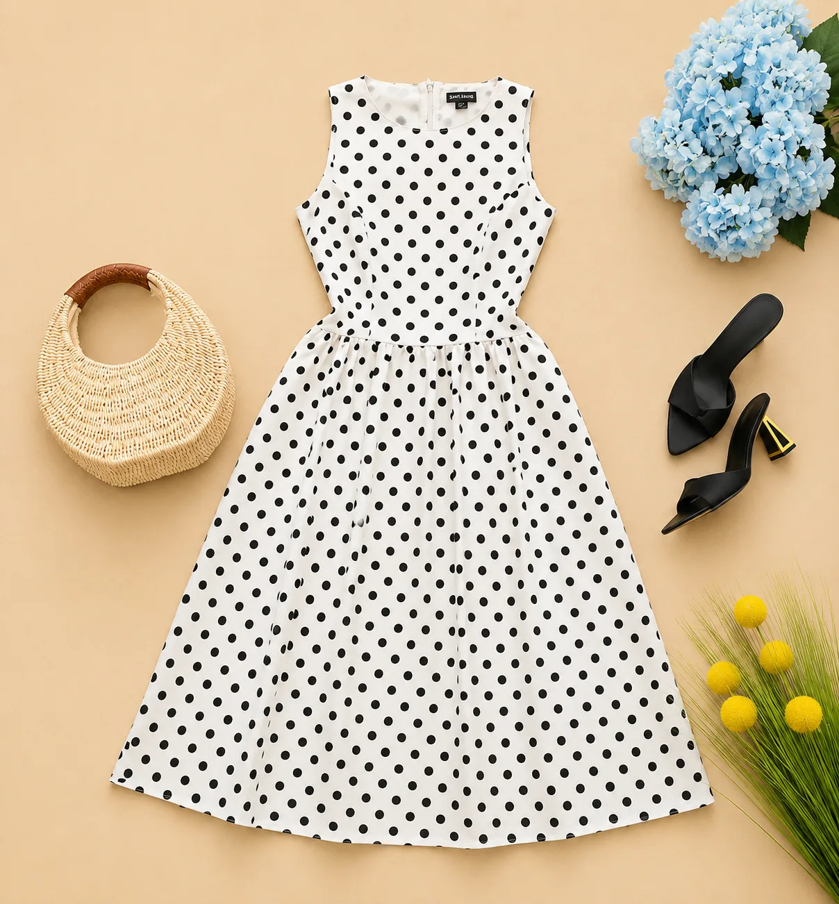Robe Midi à Pois Noir & Blanc