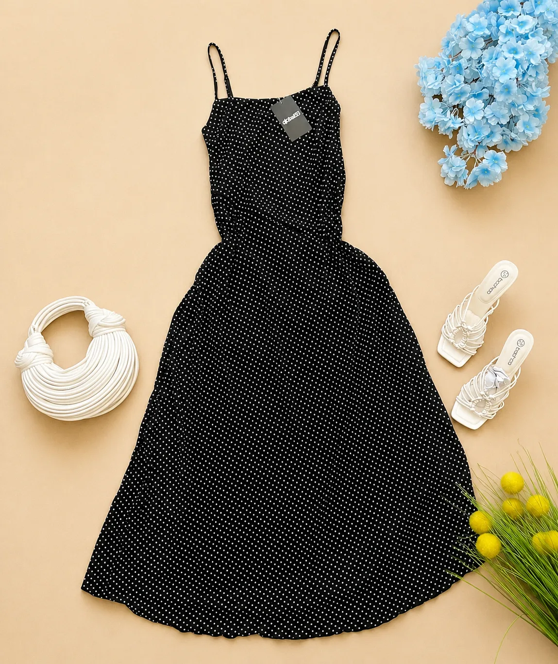 Robe Longue Noire à Pois Blancs