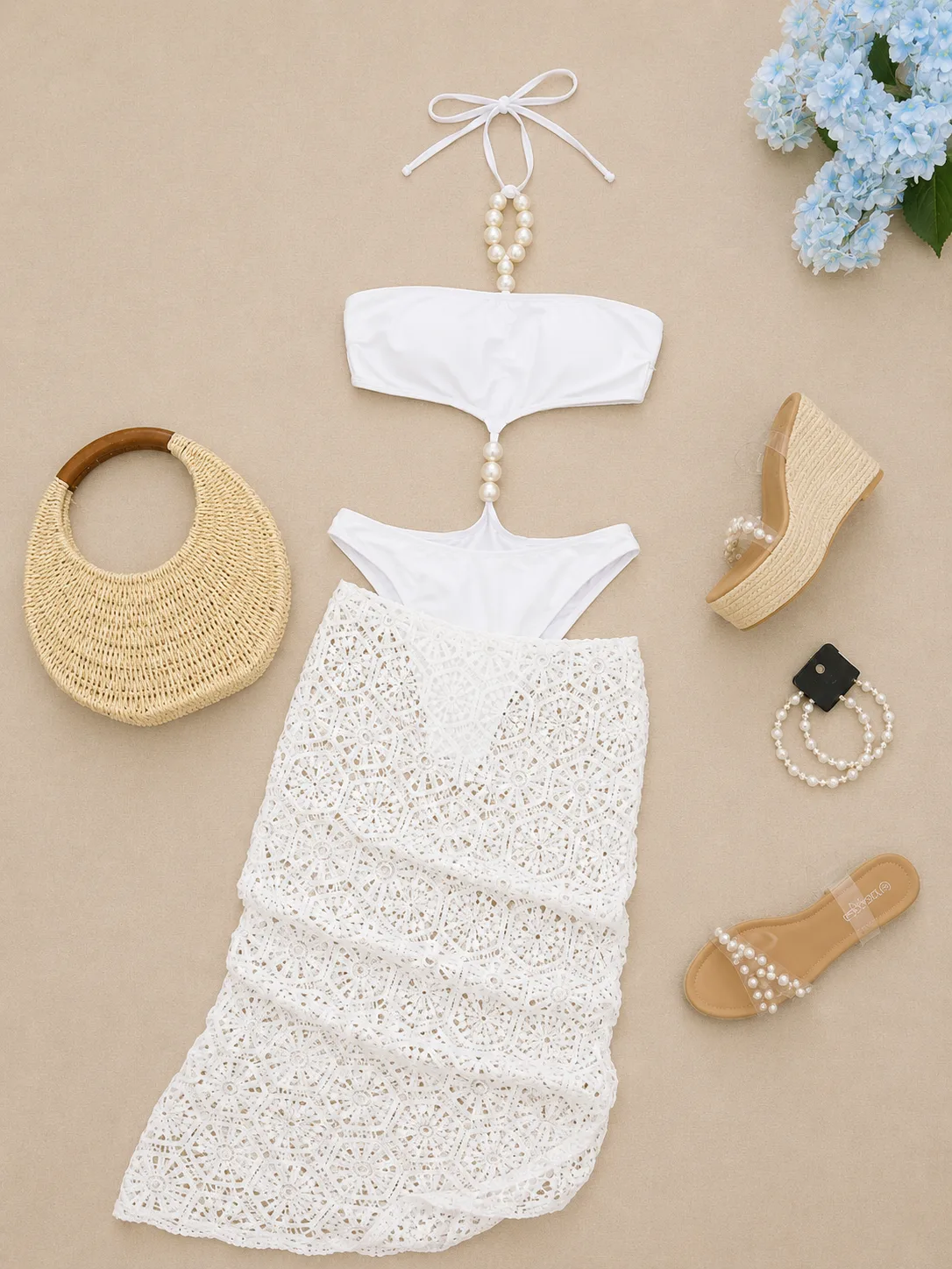 Ensemble de plage blanc 3 pièces avec détails perles