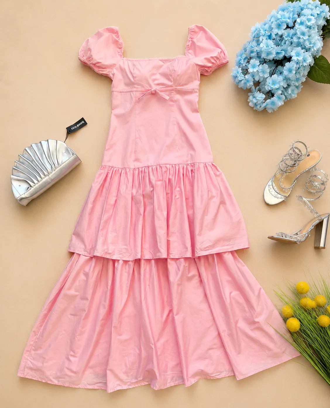 Robe Longue Rose Poudré à Volants
