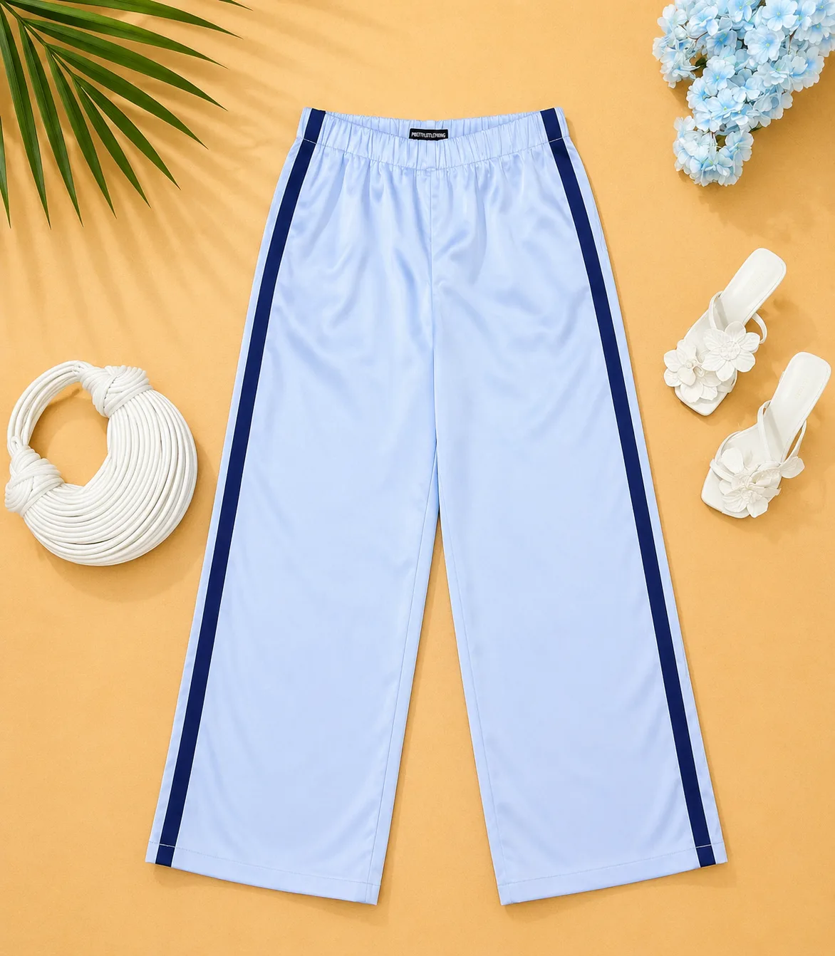 Pantalon palazzo bleu ciel à bandes contrastantes