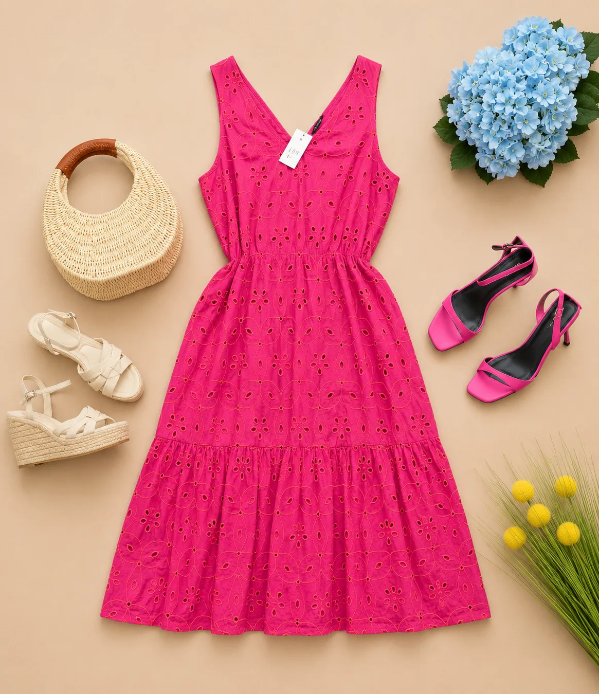 Robe Midi Broderie Anglaise Fuchsia