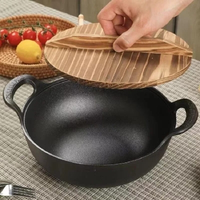 Pre-seasoned Pure Cast Iron Flat Bottom Wok