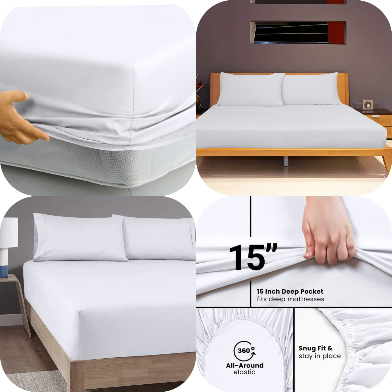  Plain White Fitted Cotton Besheet Set