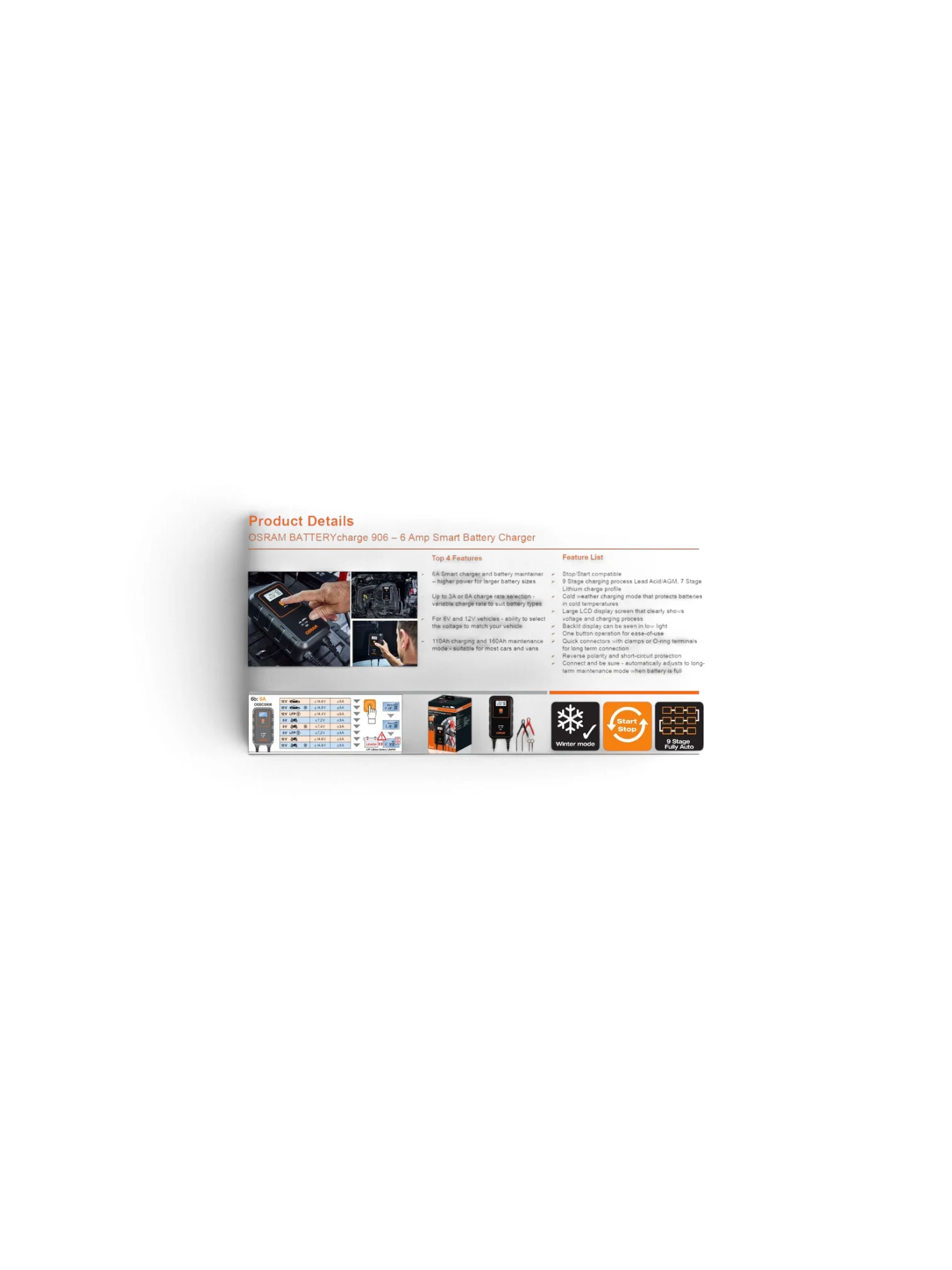 Redresor Auto Osram Smartcharger 6/12V, 6A/3A 9 Trepte Incarcare, Afisaj Digital Iluminat Protectie Conectare Inversa Si Scur