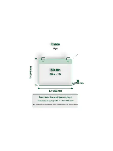 Acumulator cu Borne Inverse Start-Stop AGM 50 Ah Exide 800 A Pornire