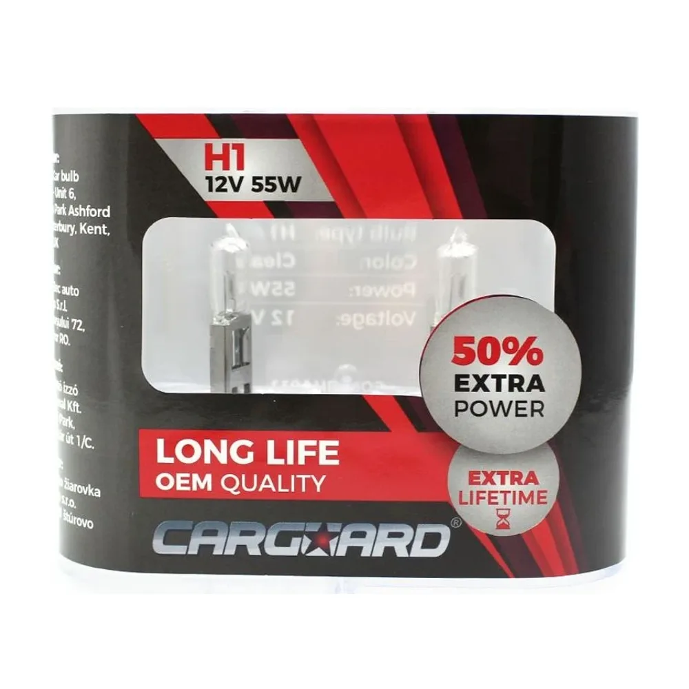 Set de 2 becuri Halogen H1, 55W, +50% intensitate - Long Life Carguard