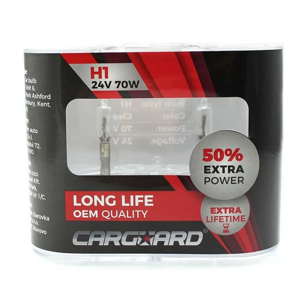 Set de 2 becuri Halogen 24V - H1, 70W, +50% intensitate - Long Life Carguard