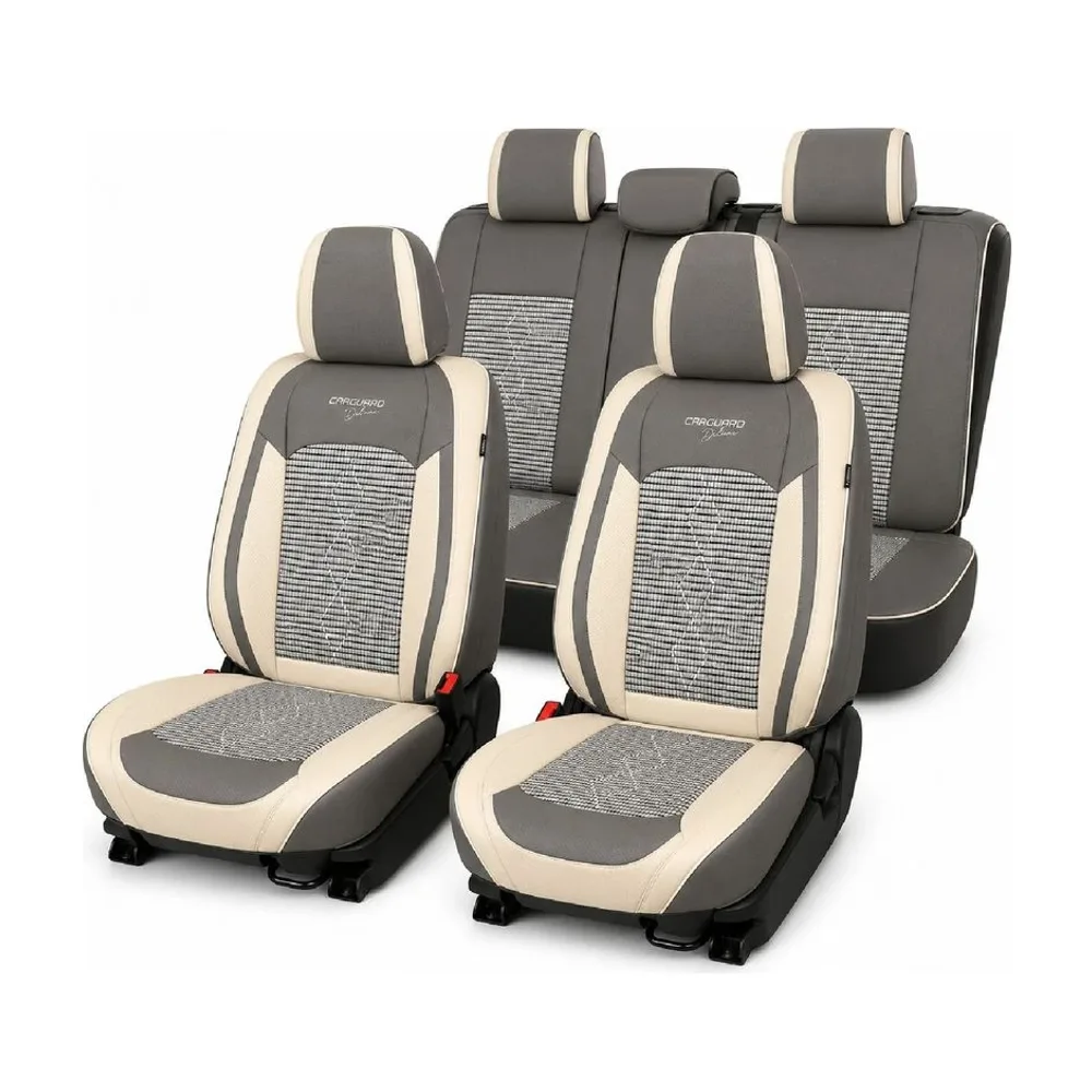 Huse auto premium 5 locuri Deluxe piele ecologică perforată și textil - gri deschis - gri inchis Carguard