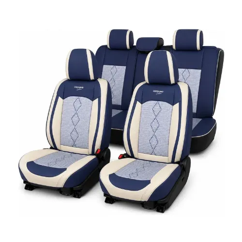 Huse auto premium 5 locuri Deluxe piele ecologică perforată și textil - albastru - alb Carguard