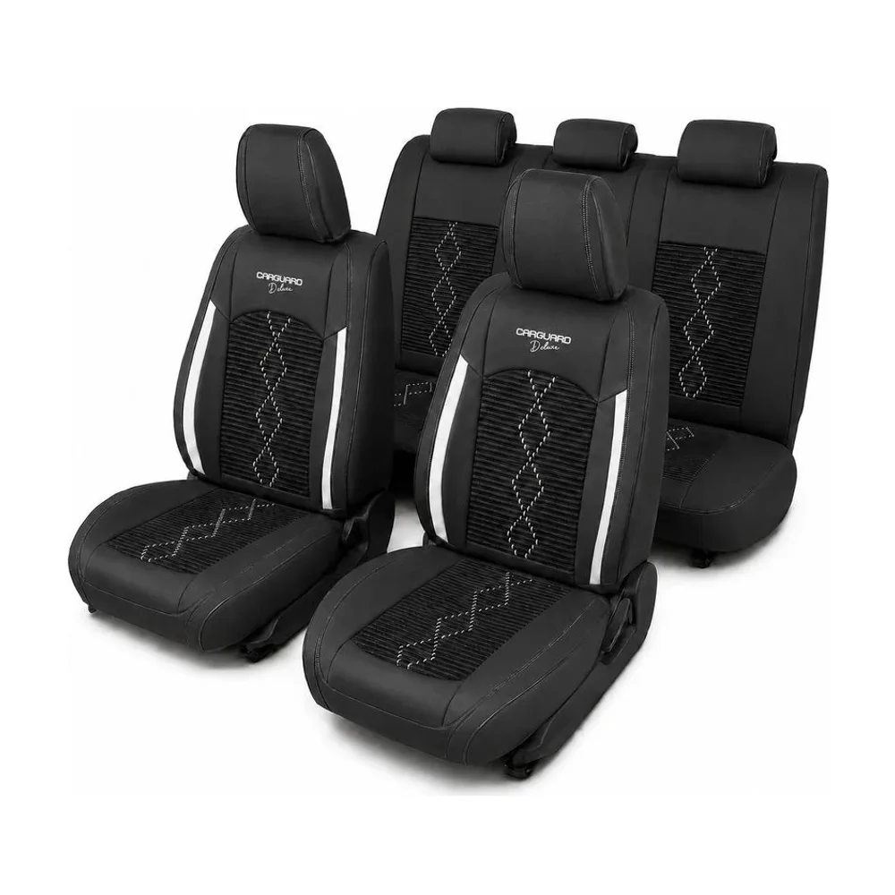 Huse auto premium 5 locuri Deluxe piele ecologică perforată și textil - negru - alb Carguard
