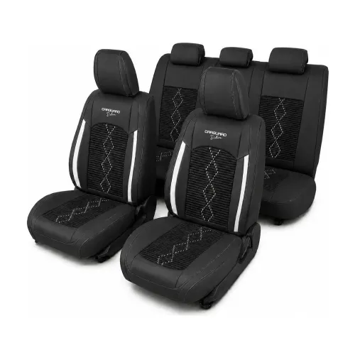 Huse auto premium 5 locuri Deluxe piele ecologică perforată și textil - negru - alb Carguard