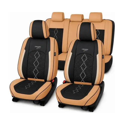 Huse auto premium 5 locuri Deluxe piele ecologică perforată și textil - maro caramel Carguard