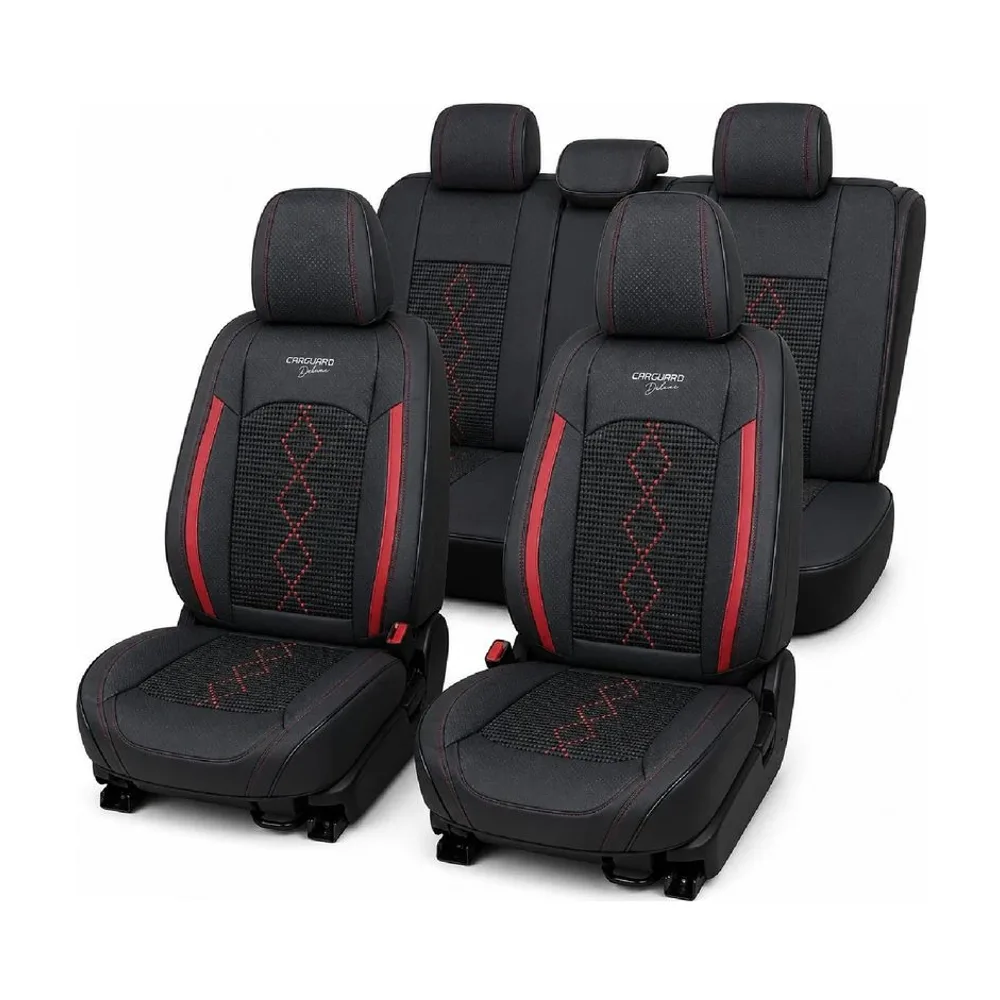 Huse auto premium 5 locuri Deluxe piele ecologică perforată și textil - negru - rosu închis Carguard