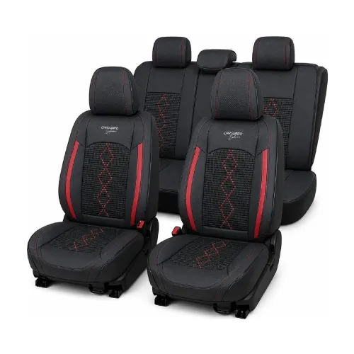 Huse auto premium 5 locuri Deluxe piele ecologică perforată și textil - negru - rosu închis Carguard