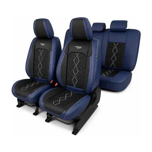 Huse auto premium 5 locuri Deluxe piele ecologică perforată și textil - negru - albastru închis Carguard