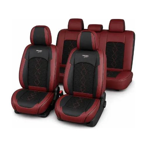 Huse auto premium 5 locuri Deluxe piele ecologică perforată și textil - roșu închis - negru Carguard