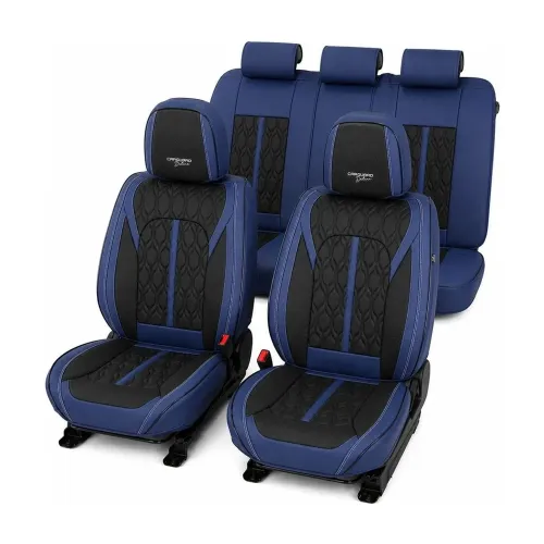 Huse auto premium 5 locuri Deluxe piele ecologică perforată - albastru inchis - negru Carguard
