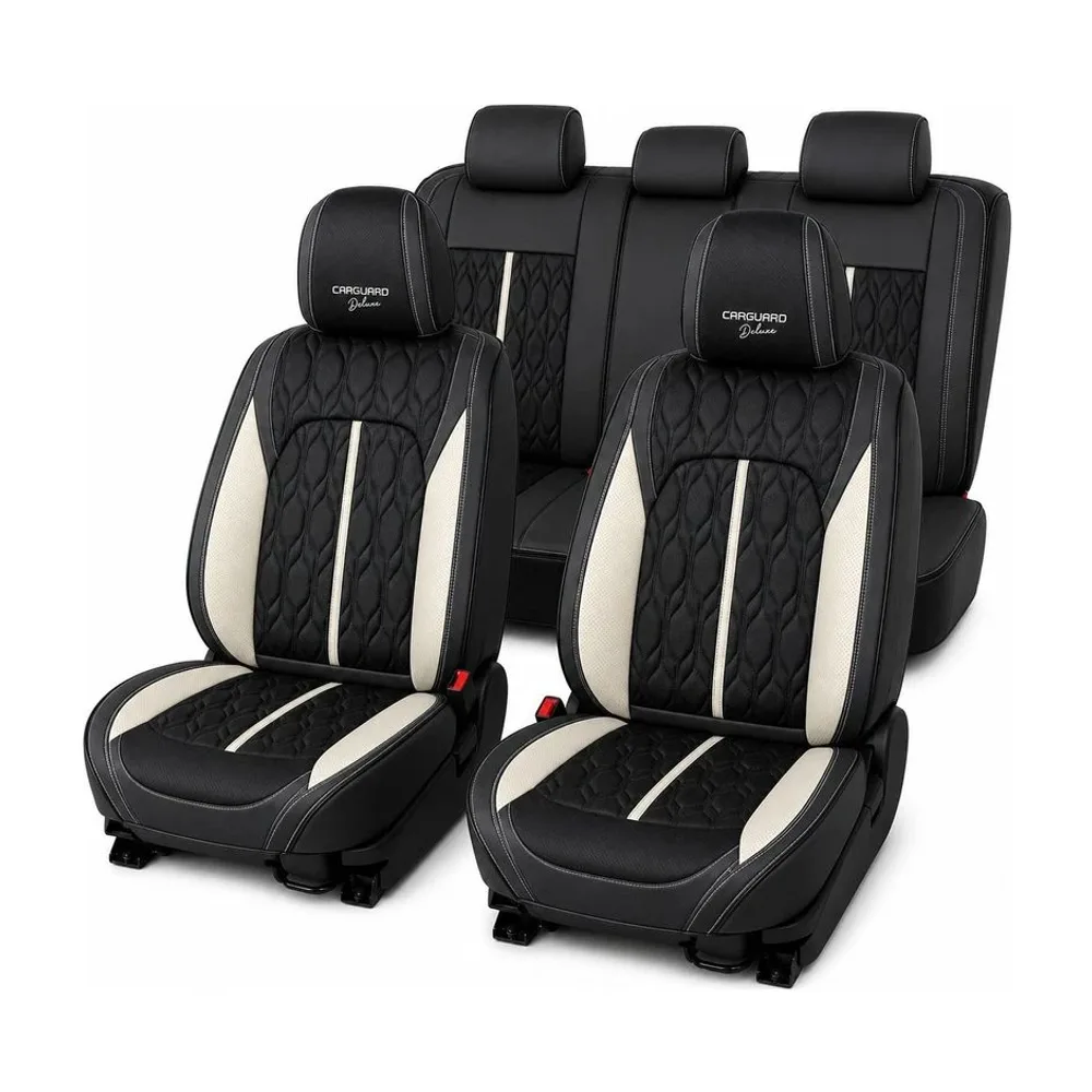 Huse auto premium 5 locuri Deluxe piele ecologică perforată - negru - alb Carguard