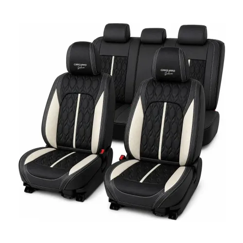 Huse auto premium 5 locuri Deluxe piele ecologică perforată - negru - alb Carguard
