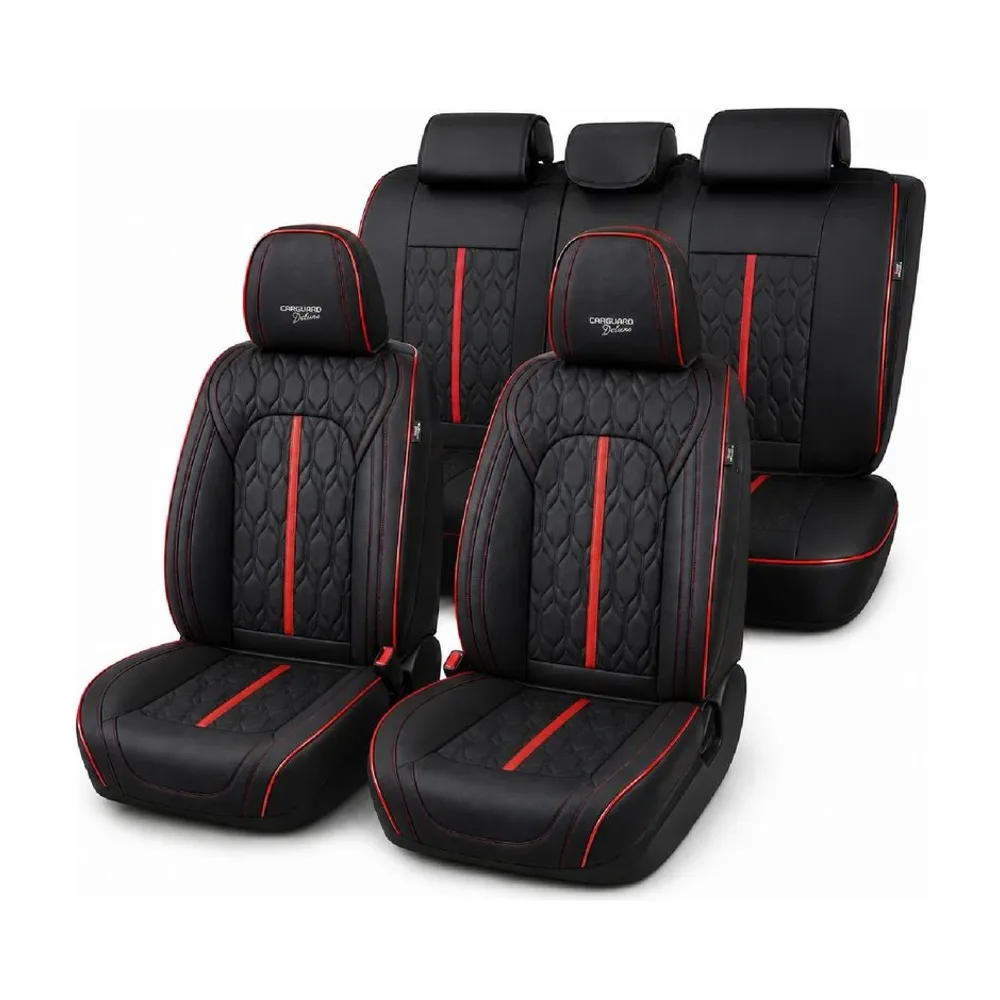 Huse auto premium 5 locuri Deluxe piele ecologică perforată - negru - rosu Carguard