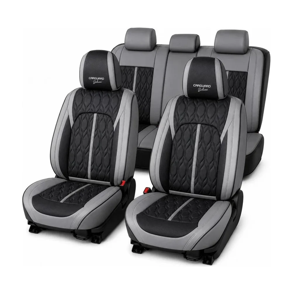 Huse auto premium 5 locuri Deluxe piele ecologică perforată - gri - negru Carguard