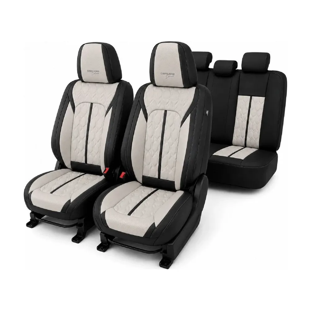 Huse auto premium 5 locuri Deluxe piele ecologică perforată - negru - crem Carguard