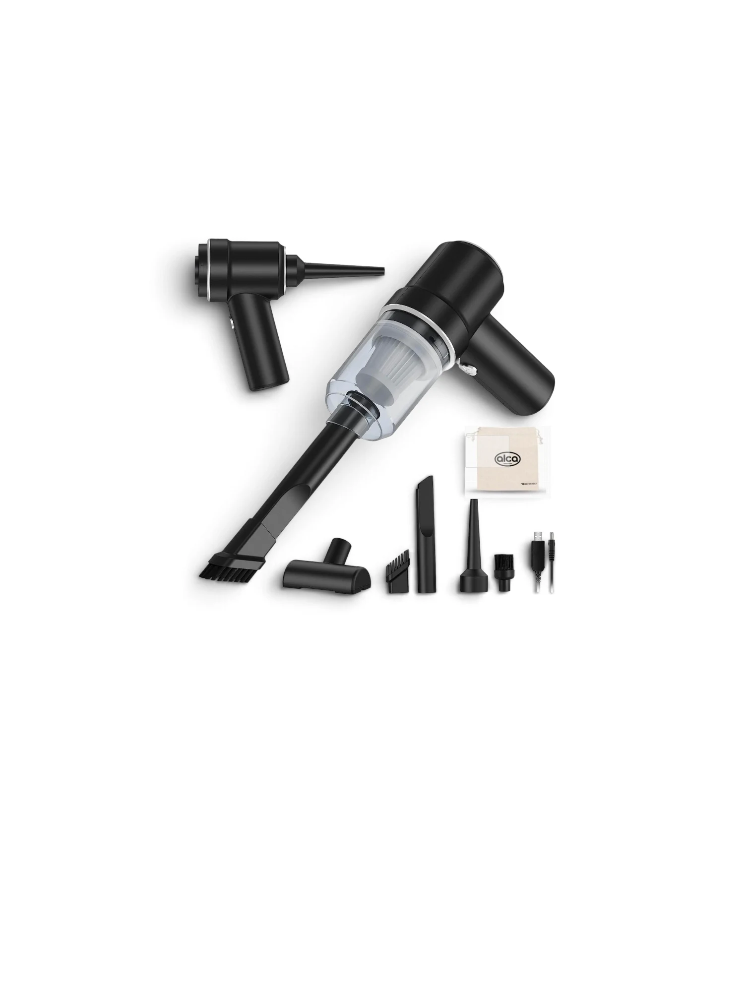 Aspirator portabil, 2 in 1, aspira si sufla, 7.4 V, 50 W, 20min, cu filtru Hepa 4.5kPa, incarcare USB-C, 5 adaptori, ALCA Ger