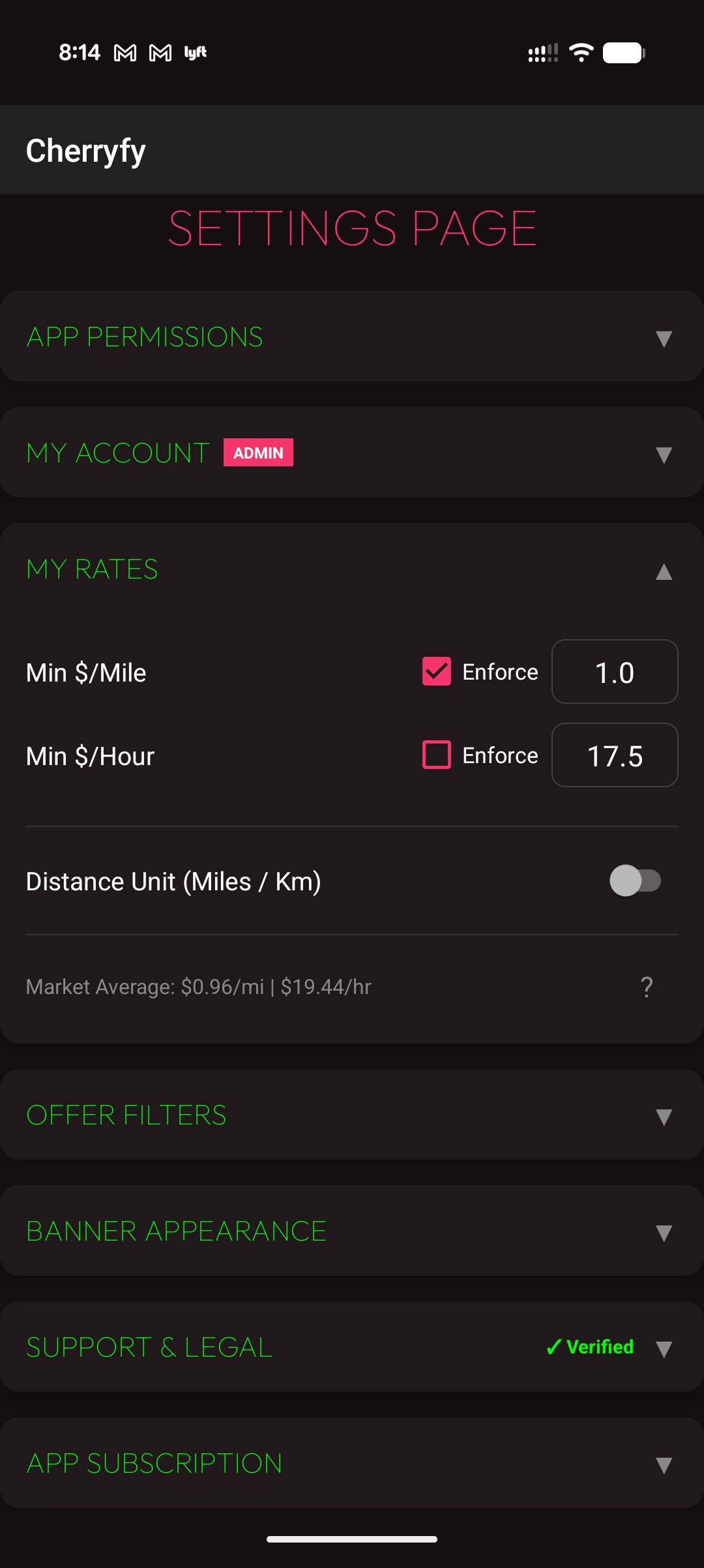 Settings Rates Configuration