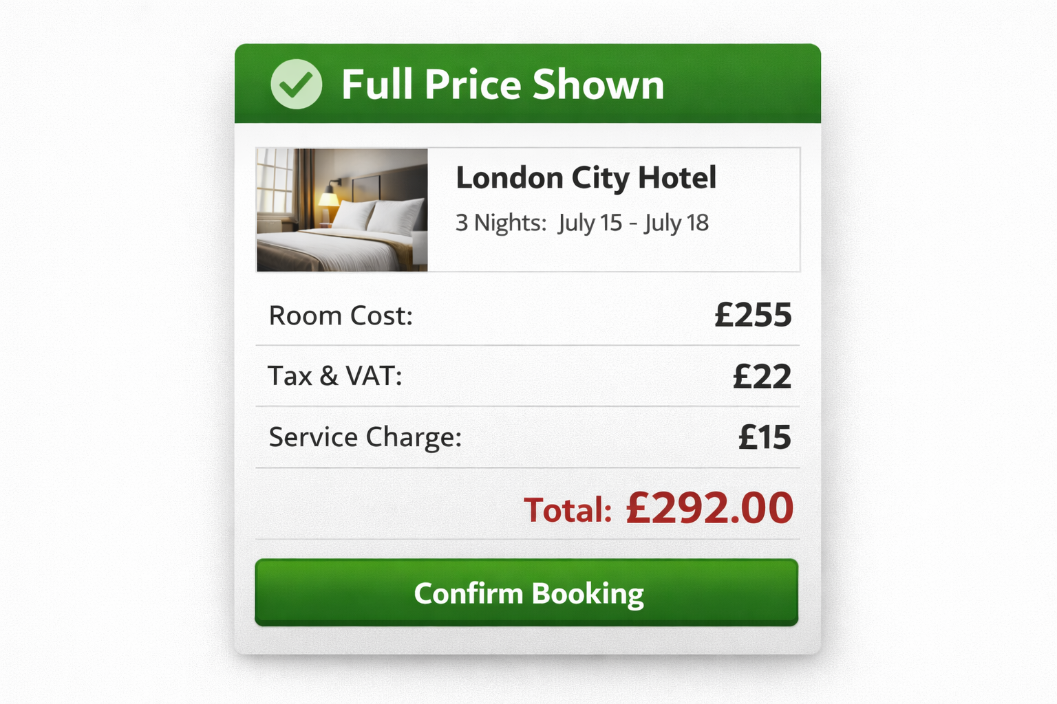 UK hotel booking page showing full price breakdown with room cost, tax, service charge, and total amount clearly displayed