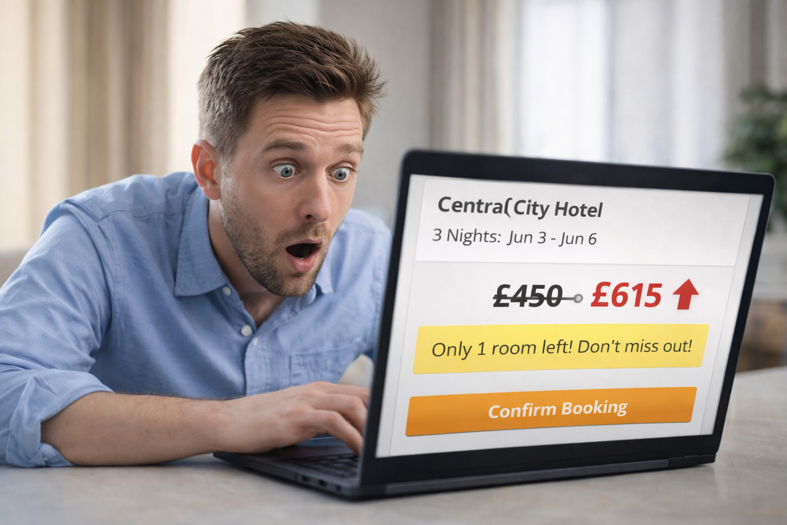 UK traveller looking surprised at laptop screen showing hotel booking price increase at checkout