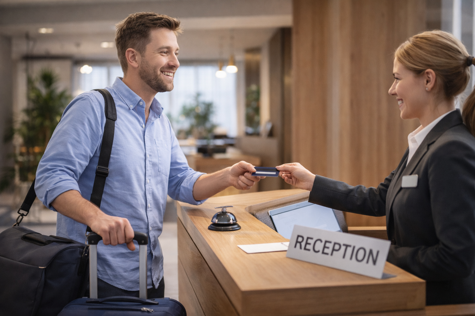 Traveller checking into a UK short stay hotel at reception for a quick overnight visit