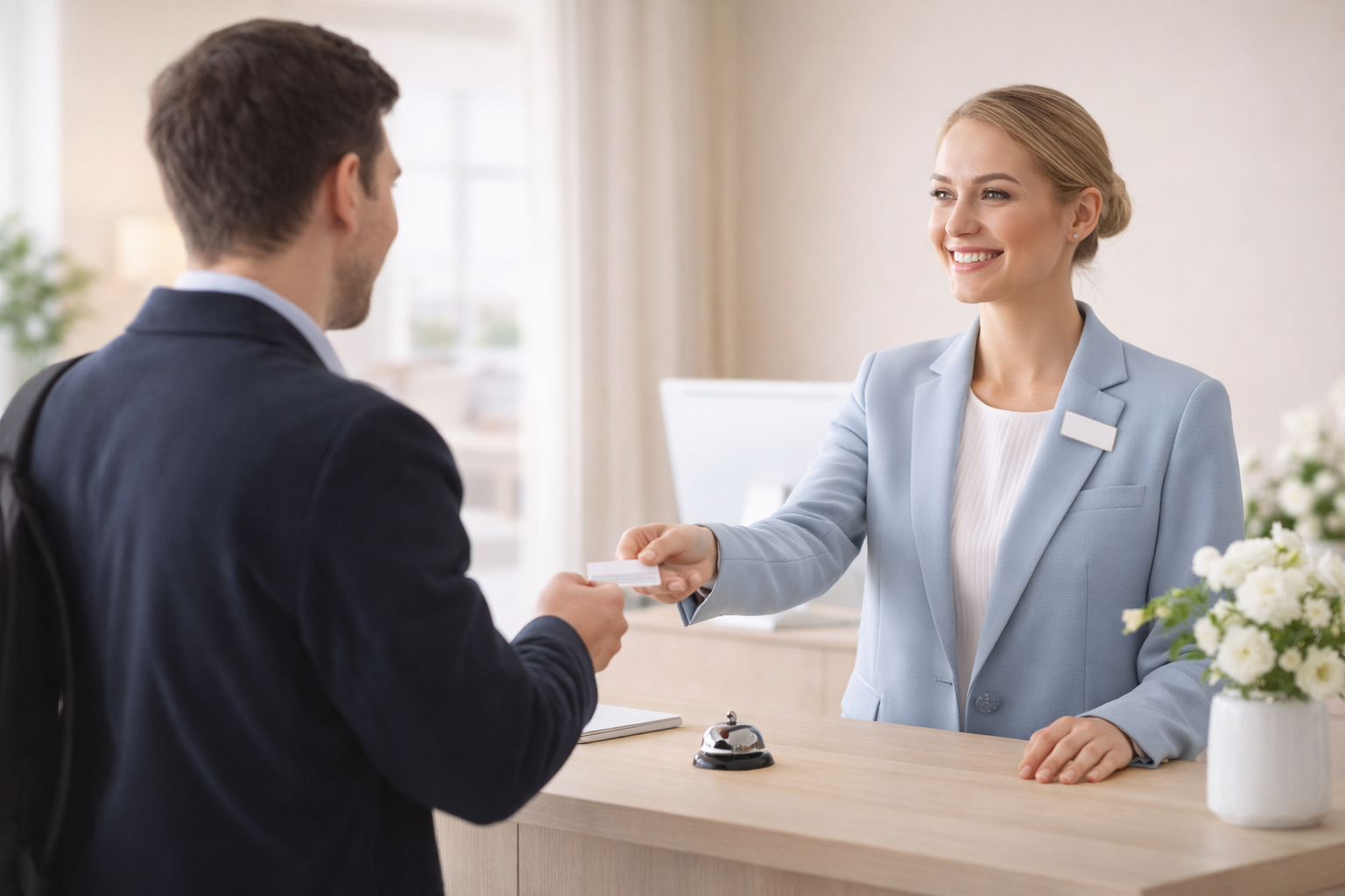 Friendly hotel reception check-in scene representing trustworthy hotel booking and customer support.