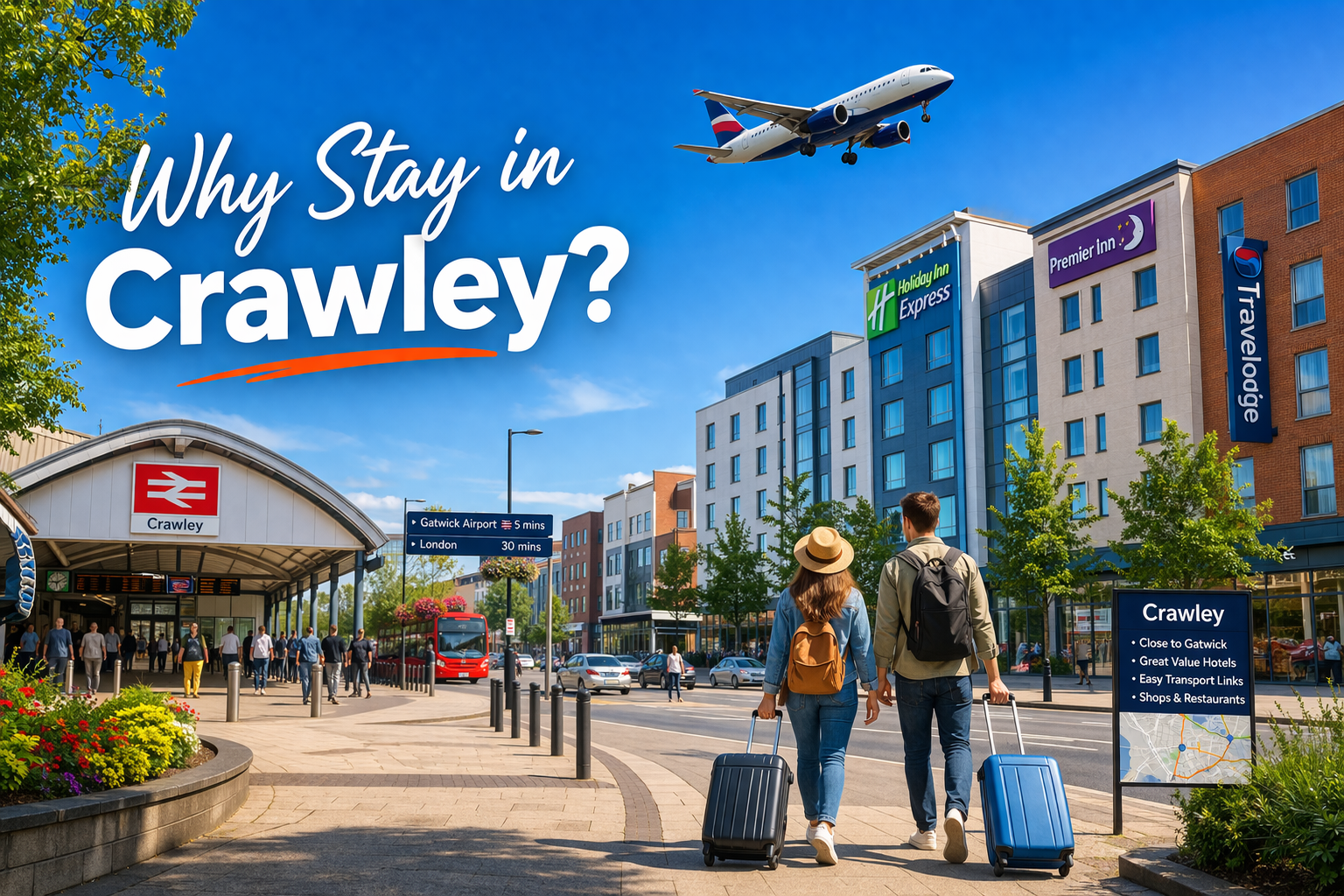 Travelers walking with luggage in Crawley near Gatwick Airport, modern hotels, train station, and airplane overhead ideal location for airport accommodation
