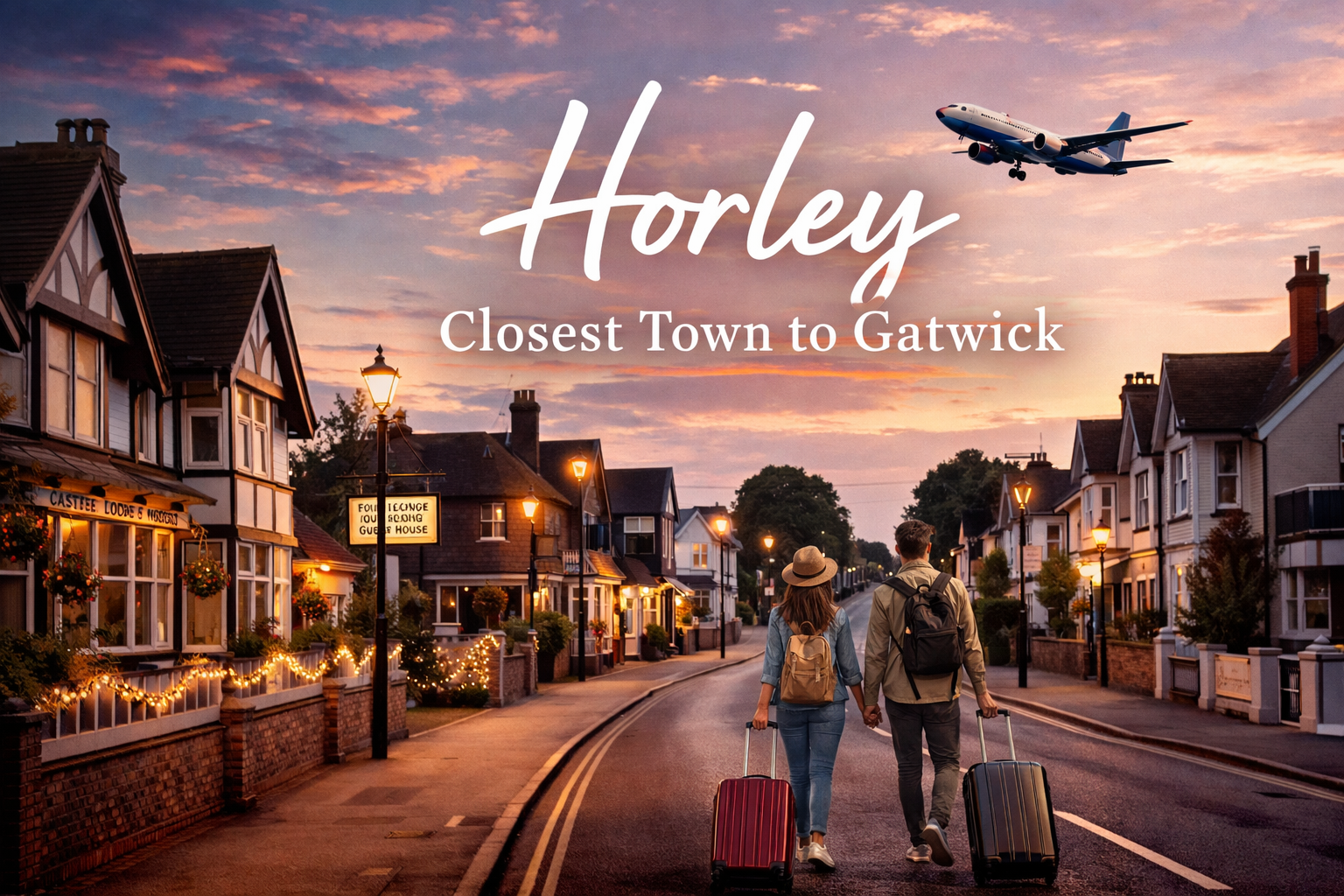 Travelers arriving with suitcases in Horley near Gatwick Airport, peaceful street with boutique hotels and evening sky closest town stay for Gatwick travelers