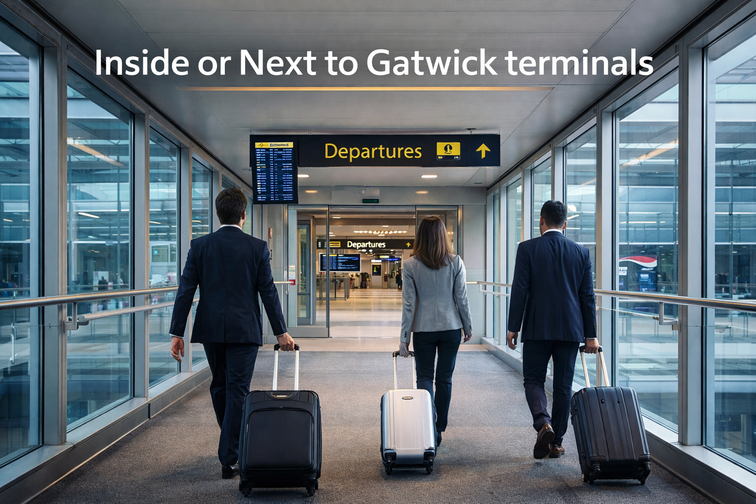 Business travelers with suitcases walking through a modern indoor walkway directly to Gatwick Airport terminal departures convenient airport hotel access