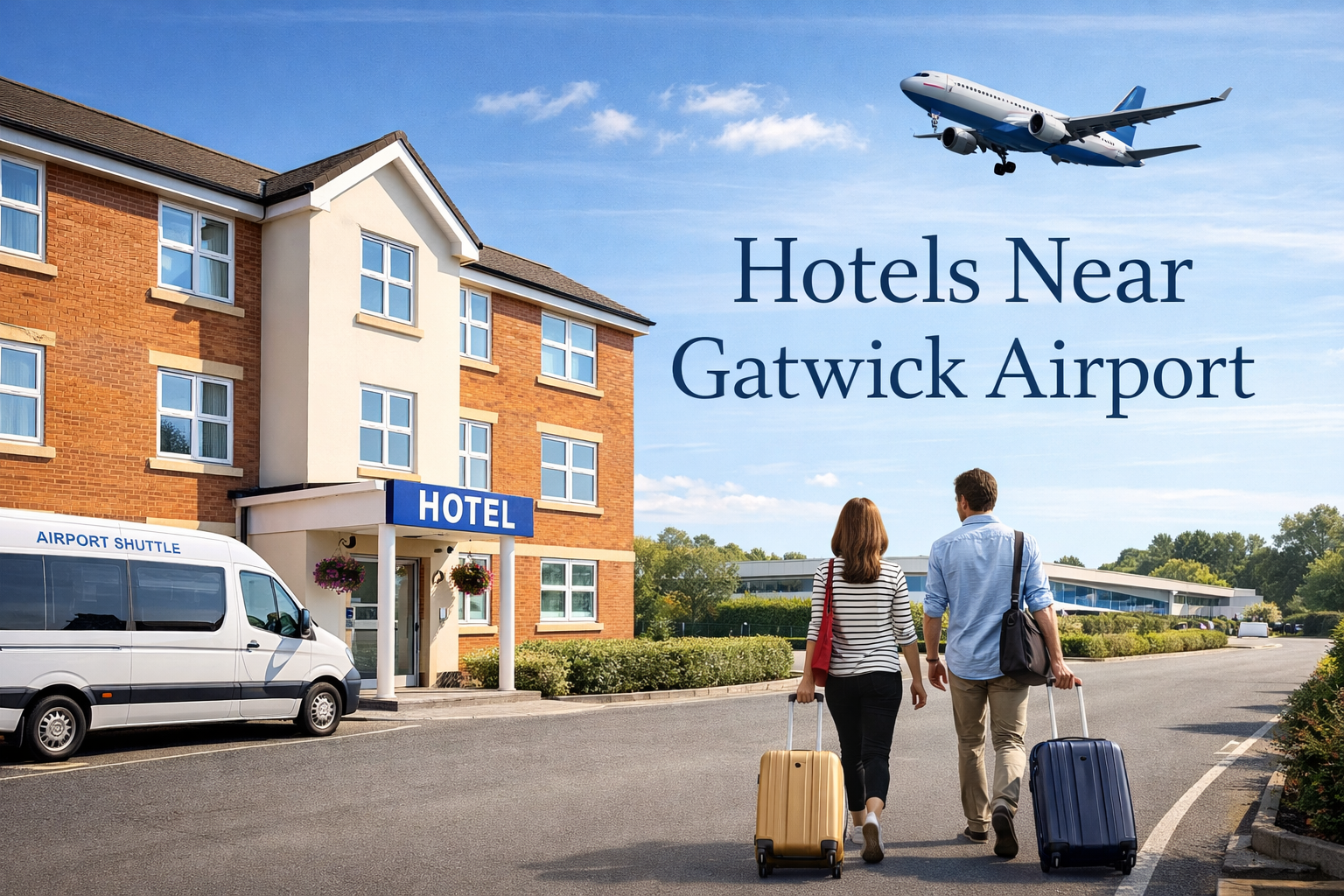 Travelers with shoulder bags and rolling luggage arriving at a budget hotel near Gatwick Airport in Crawley with airport shuttle and airplane overhead