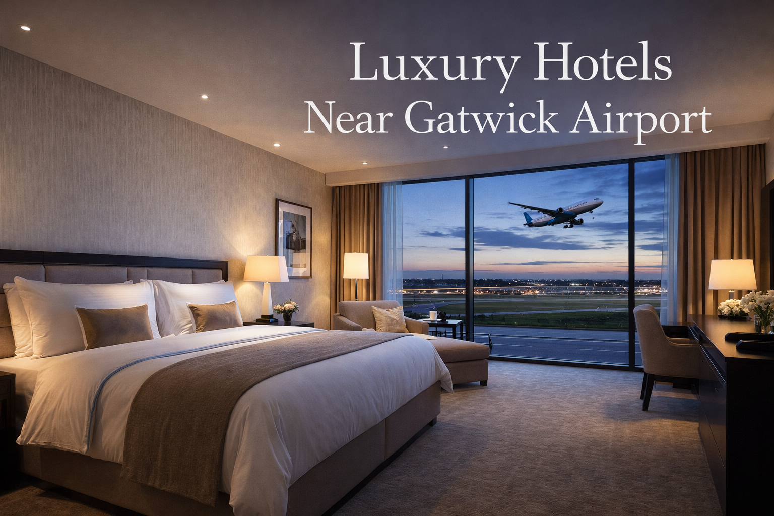 Luxury hotel suite near Gatwick Airport with king-size bed, modern interior, runway view and airplane taking off premium airport stay experience