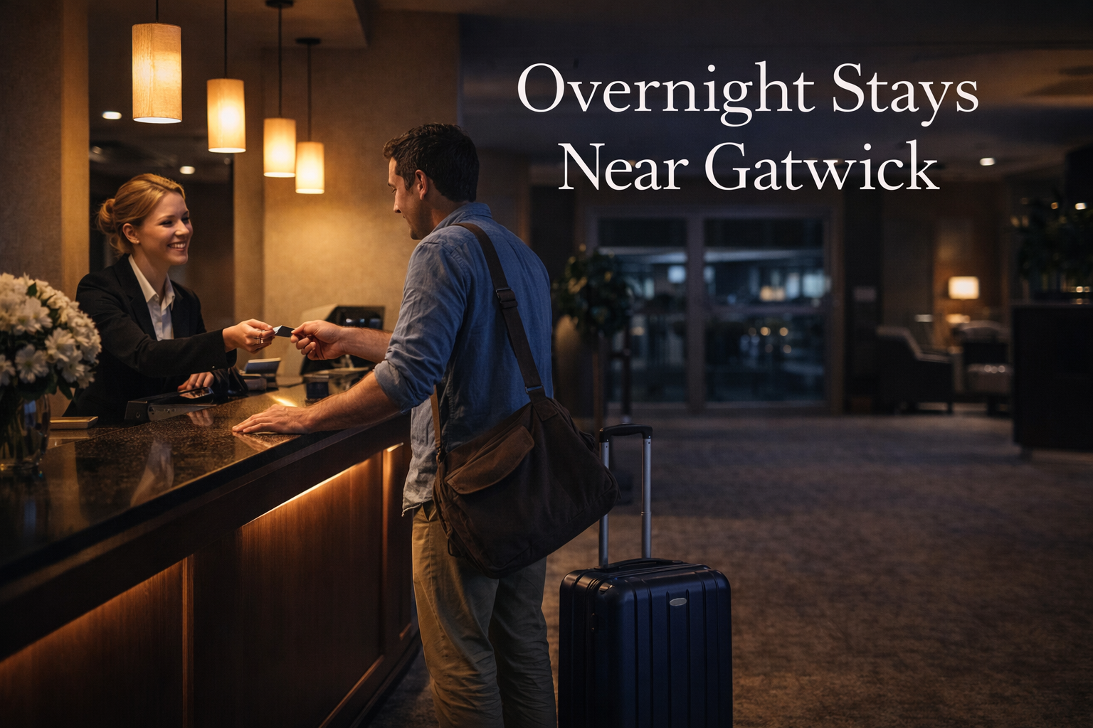 Tired traveler checking into a hotel near Gatwick Airport at night with suitcase, warm reception desk lighting and smooth overnight stay experience