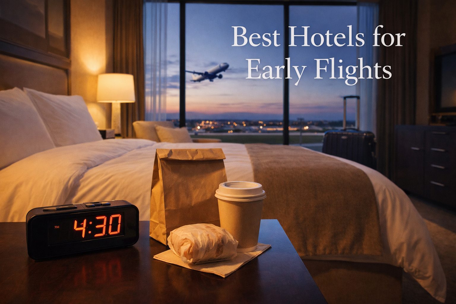 Hotel room prepared for early flight near Gatwick Airport with packed suitcase, takeaway breakfast, alarm clock showing early time and airplane visible through window