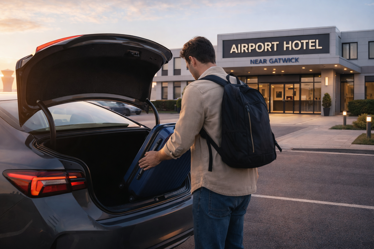 Traveler loading suitcase into car at airport hotel parking near Gatwick, modern hotel building in background and convenient park and stay experience