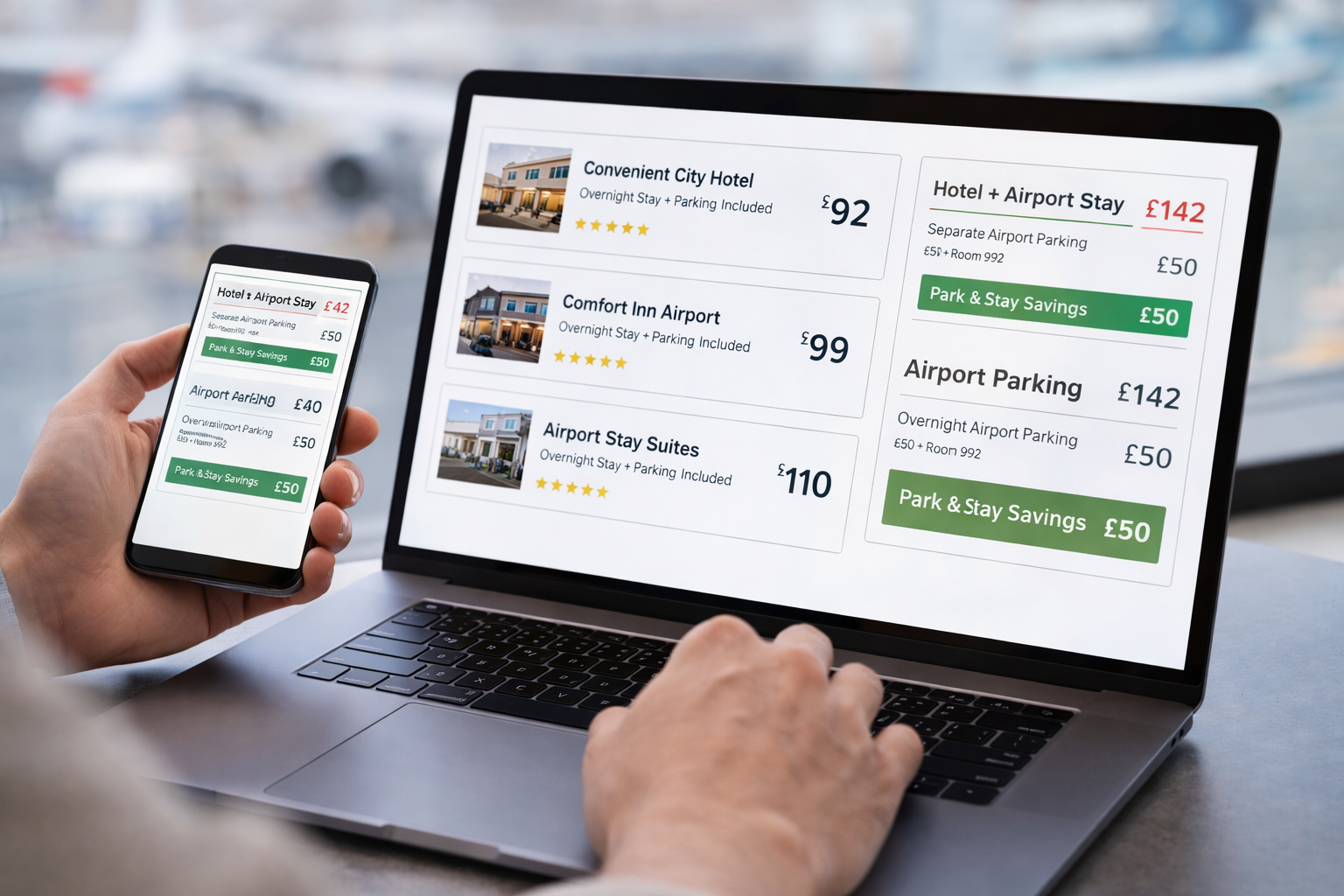 Traveler comparing hotel and airport parking prices on laptop and smartphone showing park and stay savings deals near Gatwick Airport