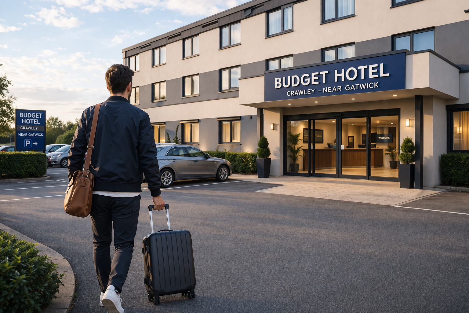 Traveler with shoulder bag and rolling suitcase arriving at a budget hotel in Crawley near Gatwick Airport with parking and modern entrance