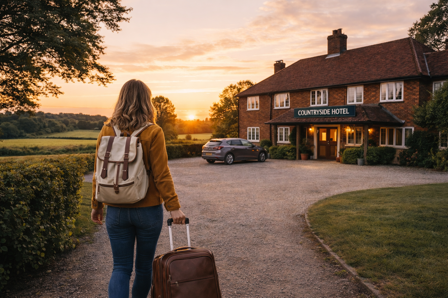 Traveler walking with suitcase toward peaceful countryside hotel near Gatwick Airport surrounded by greenery at sunset quiet pre-flight stay